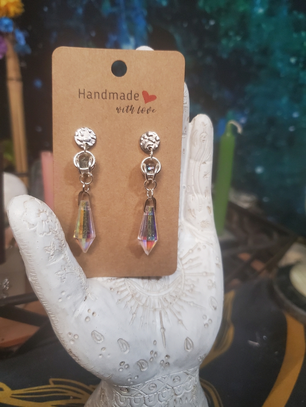 Handmade Silver Iridescent Chainmail Weave Crystal Drop Hypoallergenic Earrings